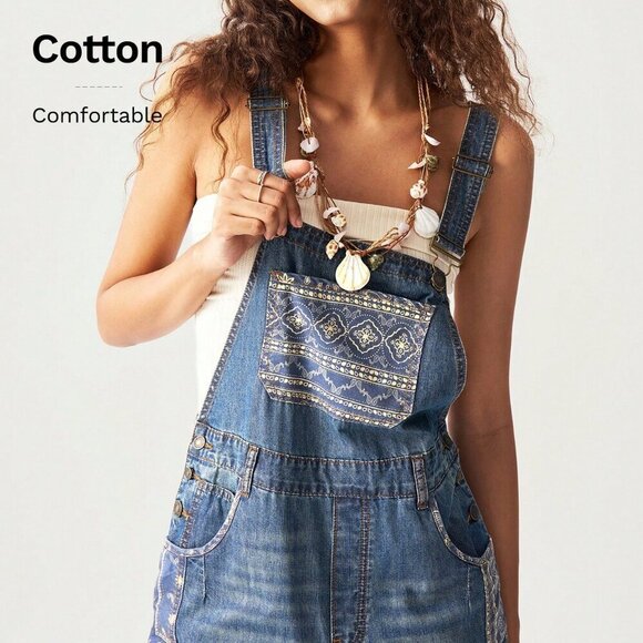 Medium Wash Casual Women's Woven Patchwork Wide-Leg Bib jumpsuit overall Pants - Picture 3 of 9